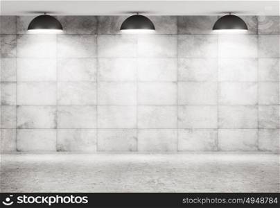 Interior background of a room with concrete tiled wall, beton floor and lamps 3d rendering