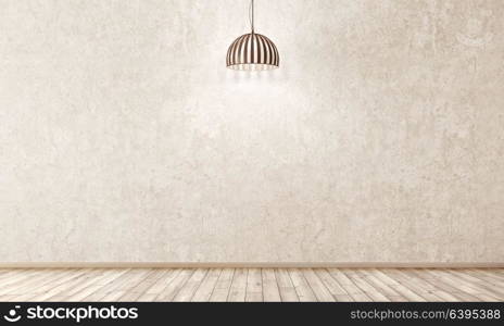 Interior background of a room with stucco wall, wooden floor and light 3d rendering