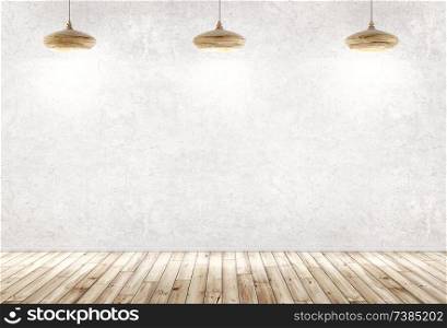 Interior background of a room with three wooden lamps over concrete wall, wooden floor 3d rendering