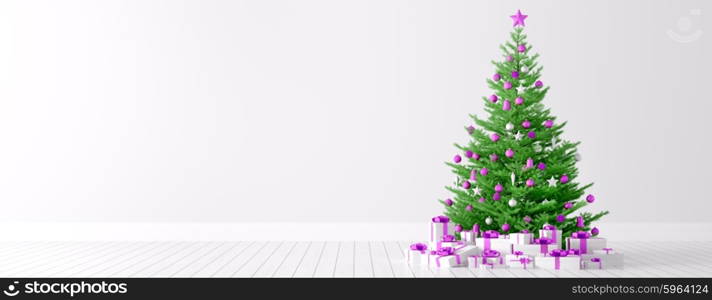 Interior background of a white room with christmas fir tree and gifts 3d render