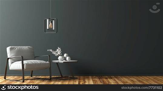Interior background of living room with black white coffee table, metal l&and  gray armchair against black wall 3d rendering