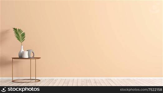 Interior background of living room with copper coffee table and vases with palm leaf over coral wall 3d rendering