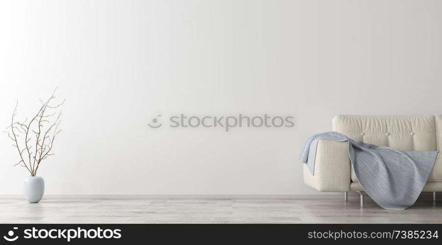 Interior background of living room with sofa and vase with branch 3d rendering