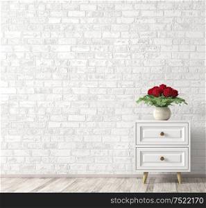 Interior background of living room with white wooden cabinet and vase with bouquet of red roses over brick wall. Home decor. 3d rendering