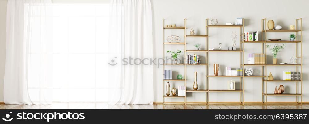Interior background of living room with window and bookshelf panorama 3d rendering