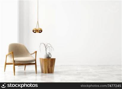 Interior background of living room with wooden coffee table, golden lamp and beige armchair against white wall with copy space 3d rendering