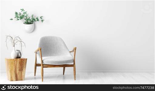 Interior background of living room with wooden coffee table, gray armchair against white wall with copy space 3d rendering