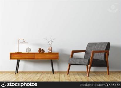 Interior background of living room with wooden side table and armchair 3d rendering