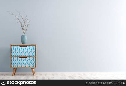 Interior background of living room with wooden side table and vase with branch on it over blue wall 3d render