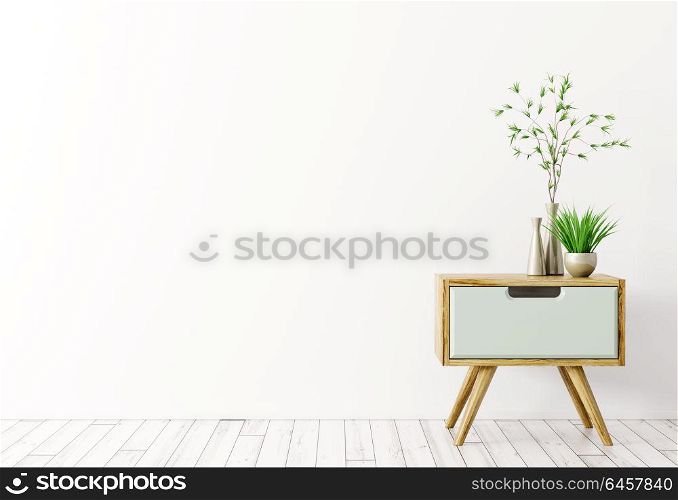 Interior background of living room with wooden side table and vases with plants over white 3d rendering