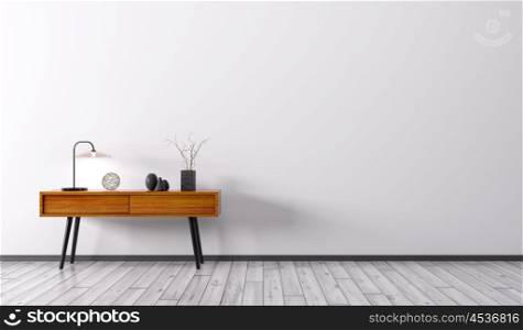 Interior background of living room with wooden side table over white wall 3d render