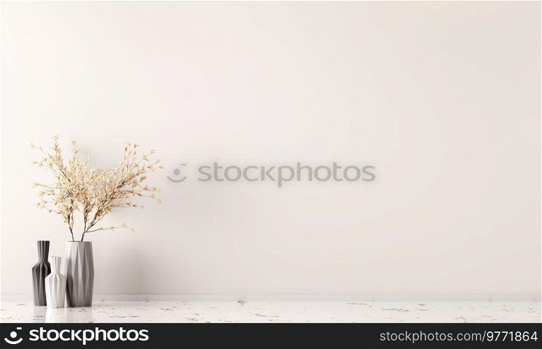 Interior background of room with beige wall and vase with decorative branch. Empty mock up wall and marble flooring. Modern home decor. 3d rendering