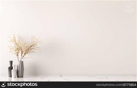 Interior background of room with beige wall and vase with decorative branch. Empty mock up wall and marble flooring. Modern home decor. 3d rendering