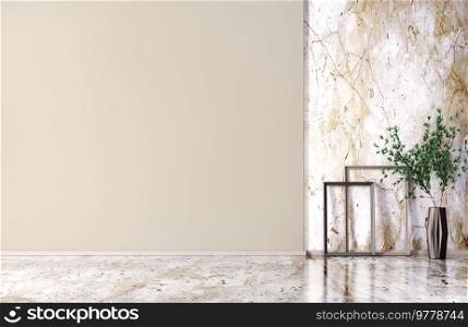 Interior background of room with beige wall and vase with decorative branch. Empty mock up wall and marble flooring and paneling. Modern home decor. 3d rendering