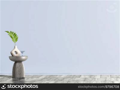 Interior background of room with blue wall and vase with palm leaf on decorative accent table. Empty wall and marble tiled flooring. Modern home decor. 3d rendering