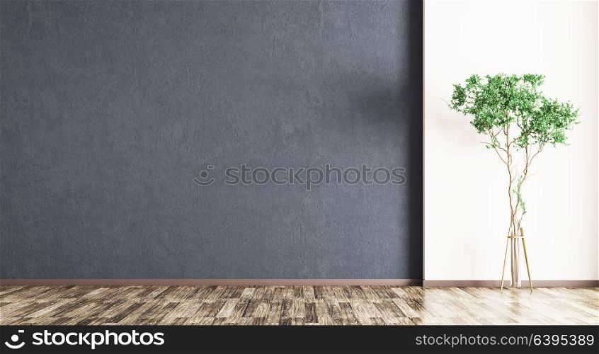 Interior background of room with blue wall, wooden floor and plant 3d rendering