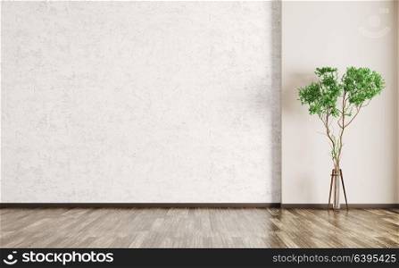 Interior background of room with concrete wall, wooden floor and plant 3d rendering
