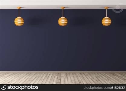 Interior background of room with three lamps against of blue wall, wooden floor 3d rendering