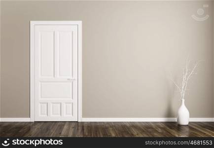 Interior background of room with white door and vase with branch 3d rendering