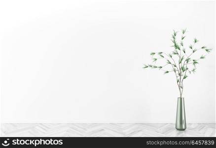 Interior background of room with white wall, wooden floor and branch in vase 3d rendering