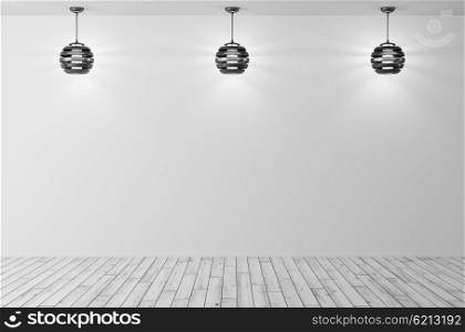 Interior background of room with white wall, wooden floor and three lamps 3d rendering
