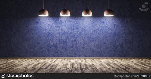 Interior background room with blue concrete wall, wooden floor and four copper lamps 3d rendering