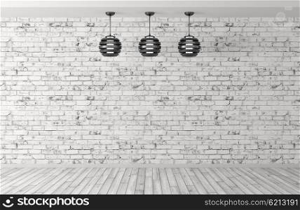 Interior background room with brick wall, wooden floor and three lamps 3d rendering