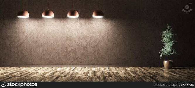 Interior background room with brown concrete wall, wooden floor, four lamps and plant 3d rendering