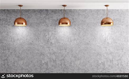 Interior background room with concrete wall and three copper lamps 3d rendering