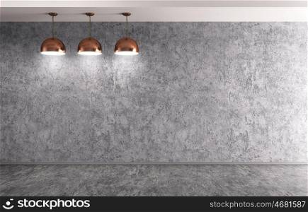Interior background room with concrete wall, floor and three copper lamps 3d rendering