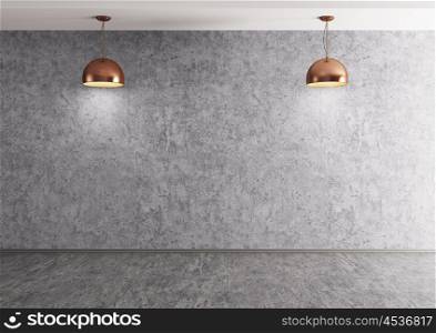 Interior background room with concrete wall, floor and two copper lamps 3d rendering
