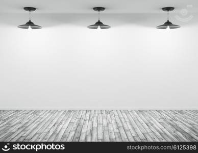 Interior background, room with lamps over the white wall, wooden floor 3d render