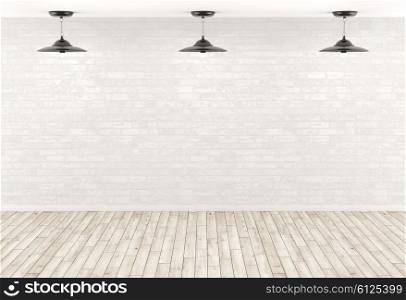 Interior background, room with three lamps over the white brick wall, beige wooden floor 3d render