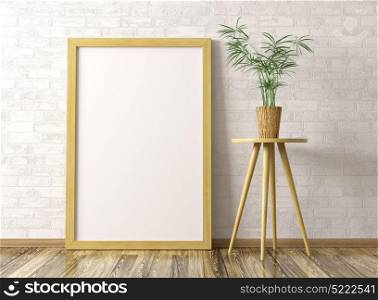 Interior background with mock up poster and plant on the table over brick wall 3d rendering