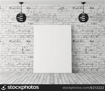 Interior background with poster and two lamps over brick wall 3d rendering