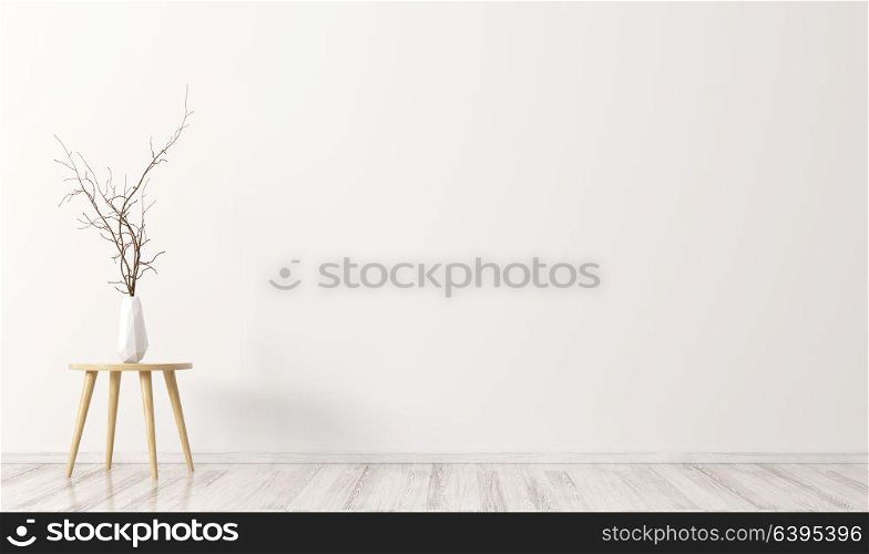 Interior background with wooden coffee table and vase with branch 3d rendering