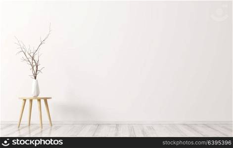 Interior background with wooden coffee table and vase with branch 3d rendering