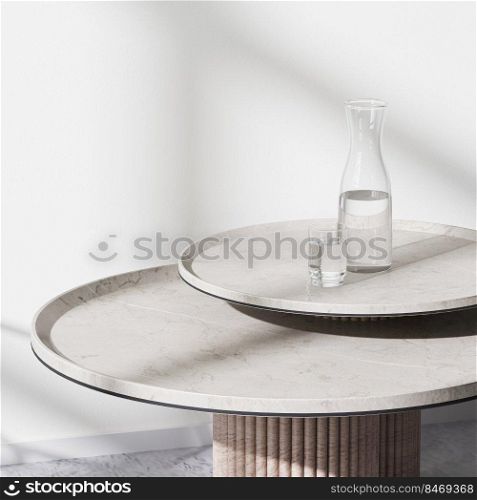 interior close up of glass of water on marble table in bright room, table setting, 3d rendering