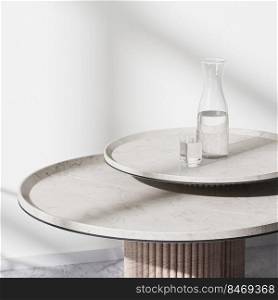 interior close up of glass of water on marble table in bright room, table setting, 3d rendering