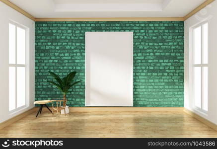interior design empty room green brick wall and wooden floor mock up. 3D rendering