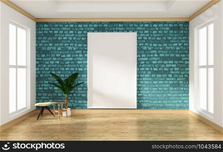 interior design empty room mint brick wall and wooden floor mock up. 3D rendering