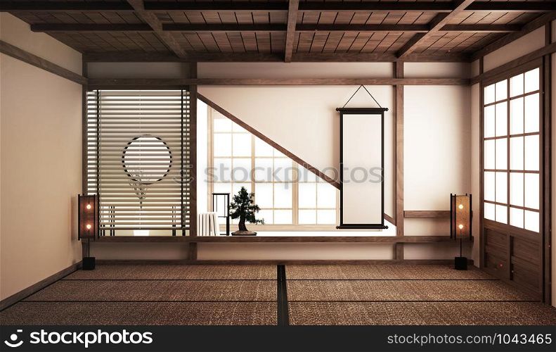 interior design,modern living room with low table,arm chairs,bonsai tree and decoration japanese style. 3D rendering
