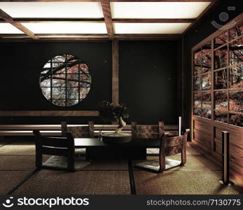 interior design,modern living room with table katana sword lamp and bonsai tree on room tatami mat floor,The design is hard to find. 3d rendering