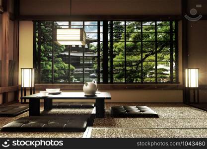 interior design,modern living room with table,lamp,tatami floor, Japanese style, 3d rendering