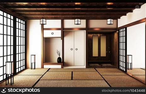 interior design,modern living room with table on tatami mat floor Japanese style. 3d rendering