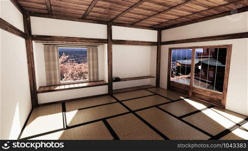 interior design,modern living room with tatami mat and traditional japanese door on best window view. 3d rendering