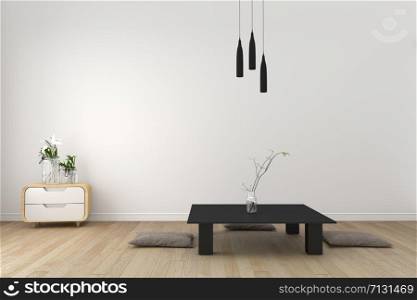 Interior design - modern living room with wood floor and white wall - japanese style. 3d illustration, 3d rendering