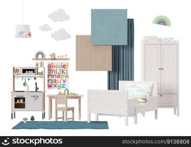 Interior design mood board with isolated modern childs room furniture, home accessories, materials. Furniture store, details. Interior project for kids room. Contemporary style, collage. 3d render. Interior design mood board with isolated modern childs room furniture, home accessories, materials. Furniture store, details. Interior project for kids room. Contemporary style, collage. 3d render.