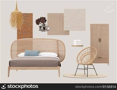 Interior design moodboard with isolated modern bedroom furniture, home accessories, materials. Furniture store, indoor details. Interior project. Boho style, mood board, collage. 3d rendering. Interior design moodboard with isolated modern bedroom furniture, home accessories, materials. Furniture store, indoor details. Interior project. Boho style, mood board, collage. 3d rendering.