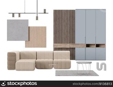 Interior design moodboard with isolated modern living room furniture, home accessories, materials. Furniture store, indoor details. Interior project. Contemporary style mood board, collage. 3d render. Interior design moodboard with isolated modern living room furniture, home accessories, materials. Furniture store, indoor details. Interior project. Contemporary style, mood board, collage. 3d render